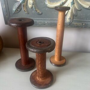 Antique  lot textile spools bobbins lot of 3 wood metal